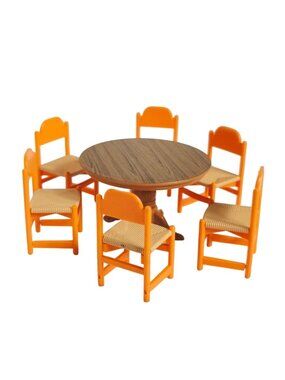 Vtg TOMY Dollhouse Mini Dining Table 6 Chairs Furniture Orange Set Retro1980s